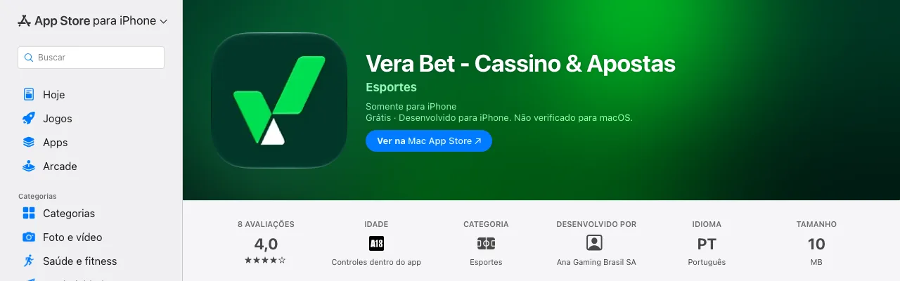 Ficha da Vera Bet na App Store: nota 4,0 de 8 avaliações, desenvolvido por Ana Gaming Brasil SA