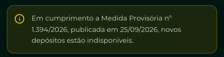 Aviso no site da Vera Bet: em cumprimento à MP 1.394/2026, novos depósitos estão indisponíveis