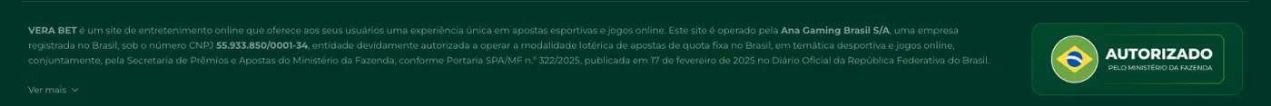 Trecho do rodapé de vera.bet.br com a razão social, o CNPJ e a Portaria SPA/MF nº 322/2025