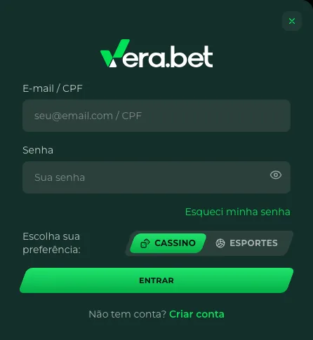 Formulário de login da Vera Bet: e-mail ou CPF, senha e preferência Cassino ou Esportes