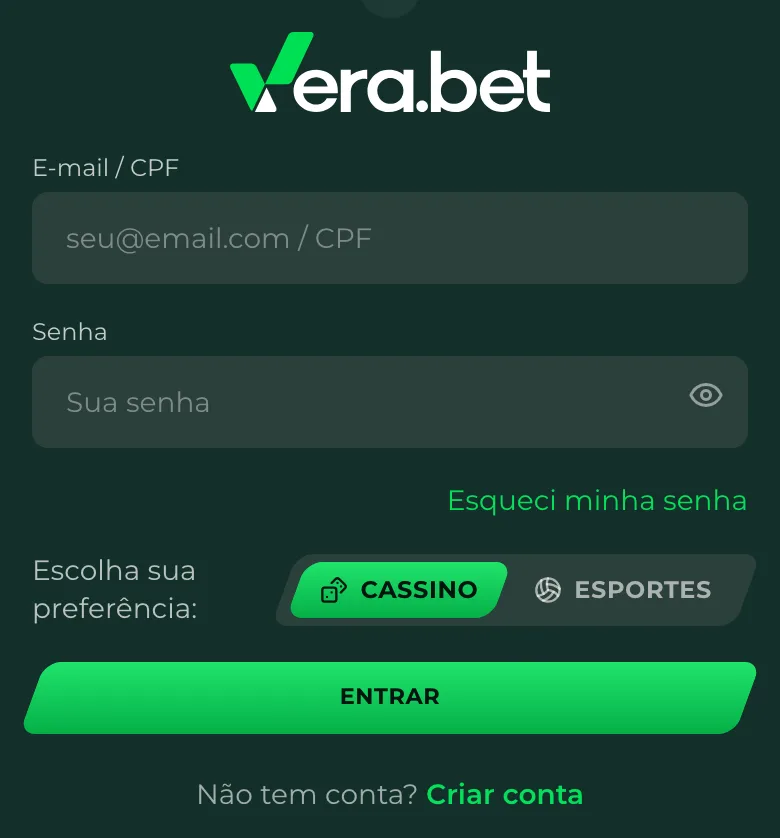 Formulário de login da Vera Bet no celular: e-mail ou CPF, senha e preferência Cassino ou Esportes