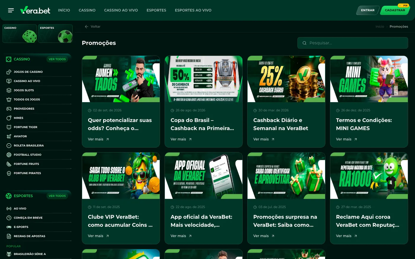Página de Promoções da Vera Bet, que listava o Clube VIP antes de saírem do ar